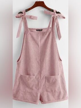 SHEIN EZwear Knot Shoulder Patch Pocket Cord Overall Shorts  Dusty Pink